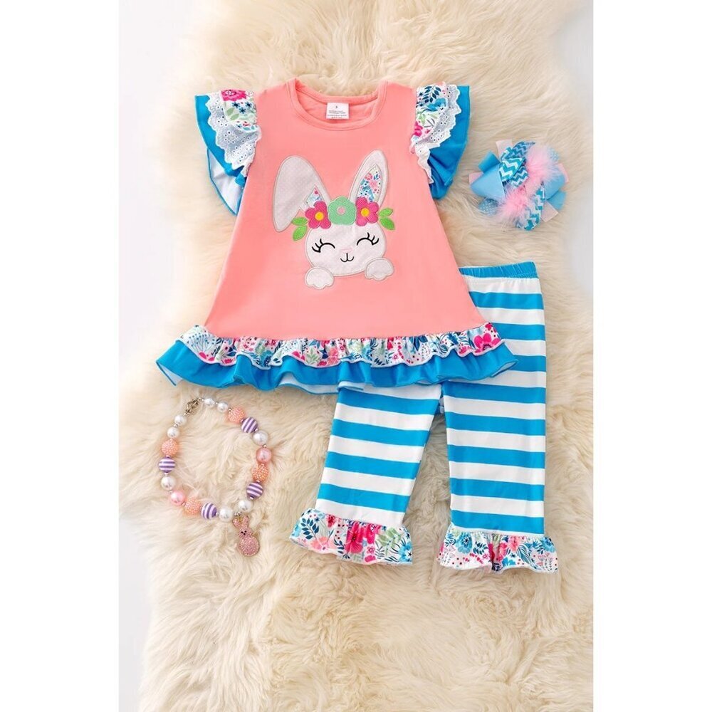 Easter bunny applique coral tunic w/stripe capri pants. OFG50274 JEANN